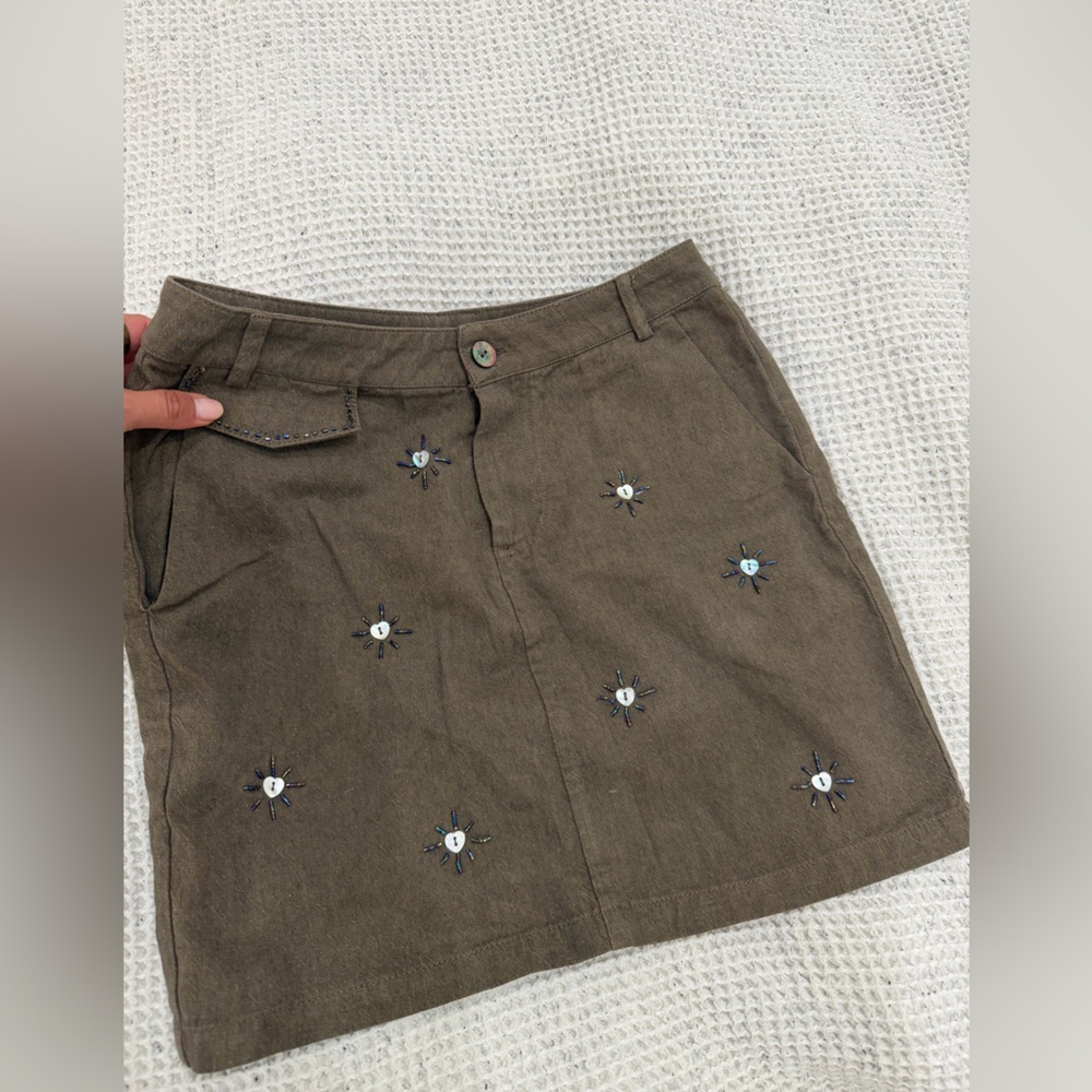 Y2K Embroidered Olive Green Mini Skirt
